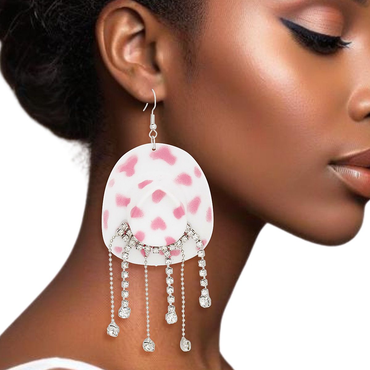 Fish Hook White Pink Cowgirl Hat Fringe Earrings - Cowgirltops.com