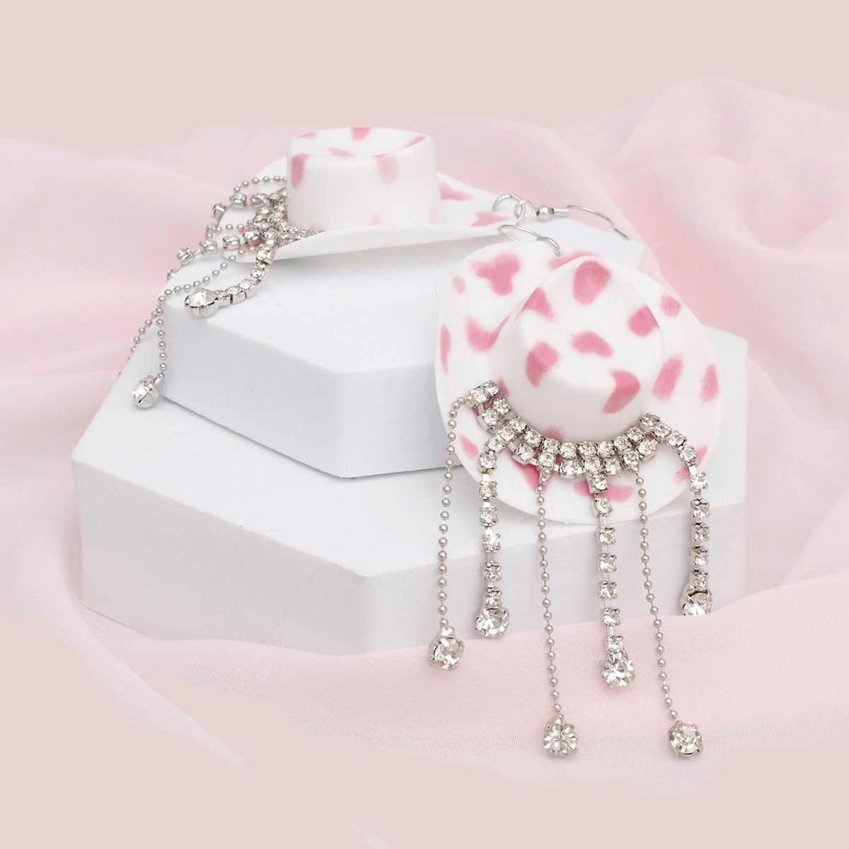 Fish Hook White Pink Cowgirl Hat Fringe Earrings - Cowgirltops.com