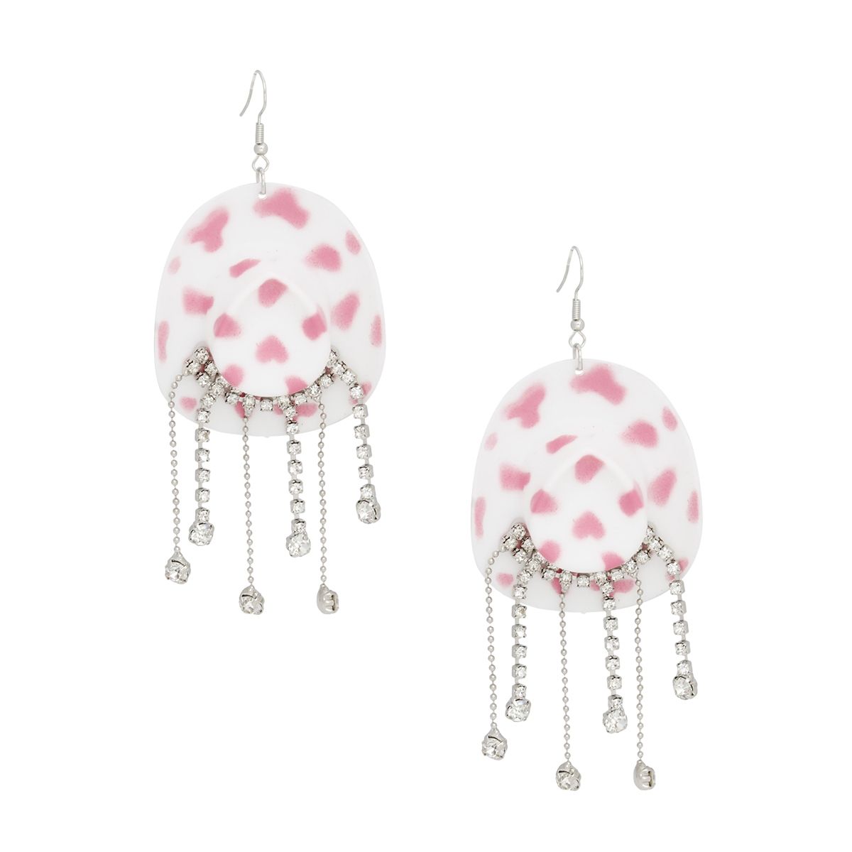 Fish Hook White Pink Cowgirl Hat Fringe Earrings - Cowgirltops.com
