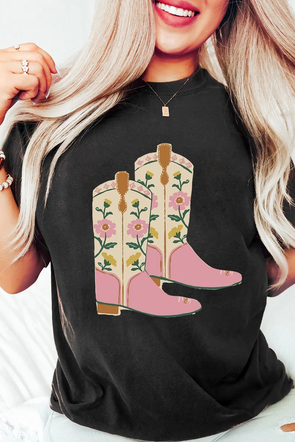 Floral Cowgirl Boots Graphic T-Shirt - Cowgirltops.com
