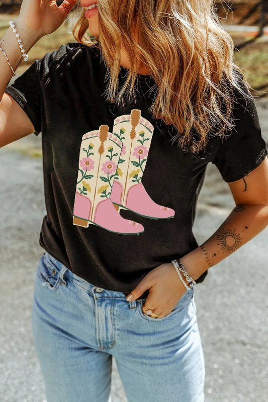 Floral Cowgirl Boots Graphic T-Shirt - Cowgirltops.com