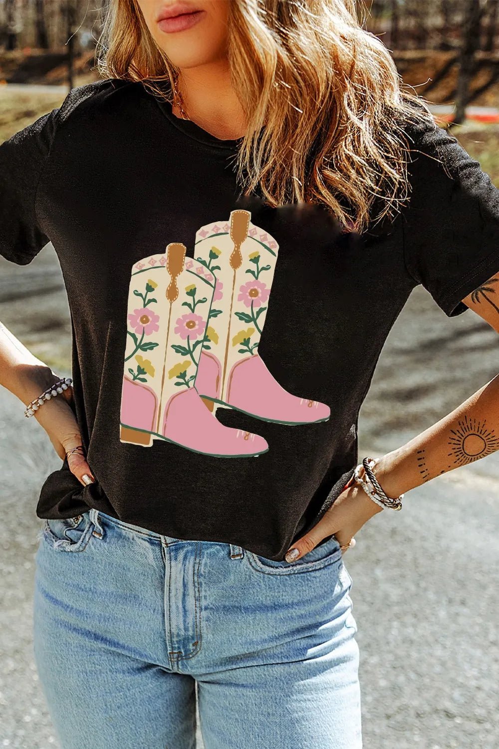 Floral Cowgirl Boots Graphic T-Shirt - Cowgirltops.com