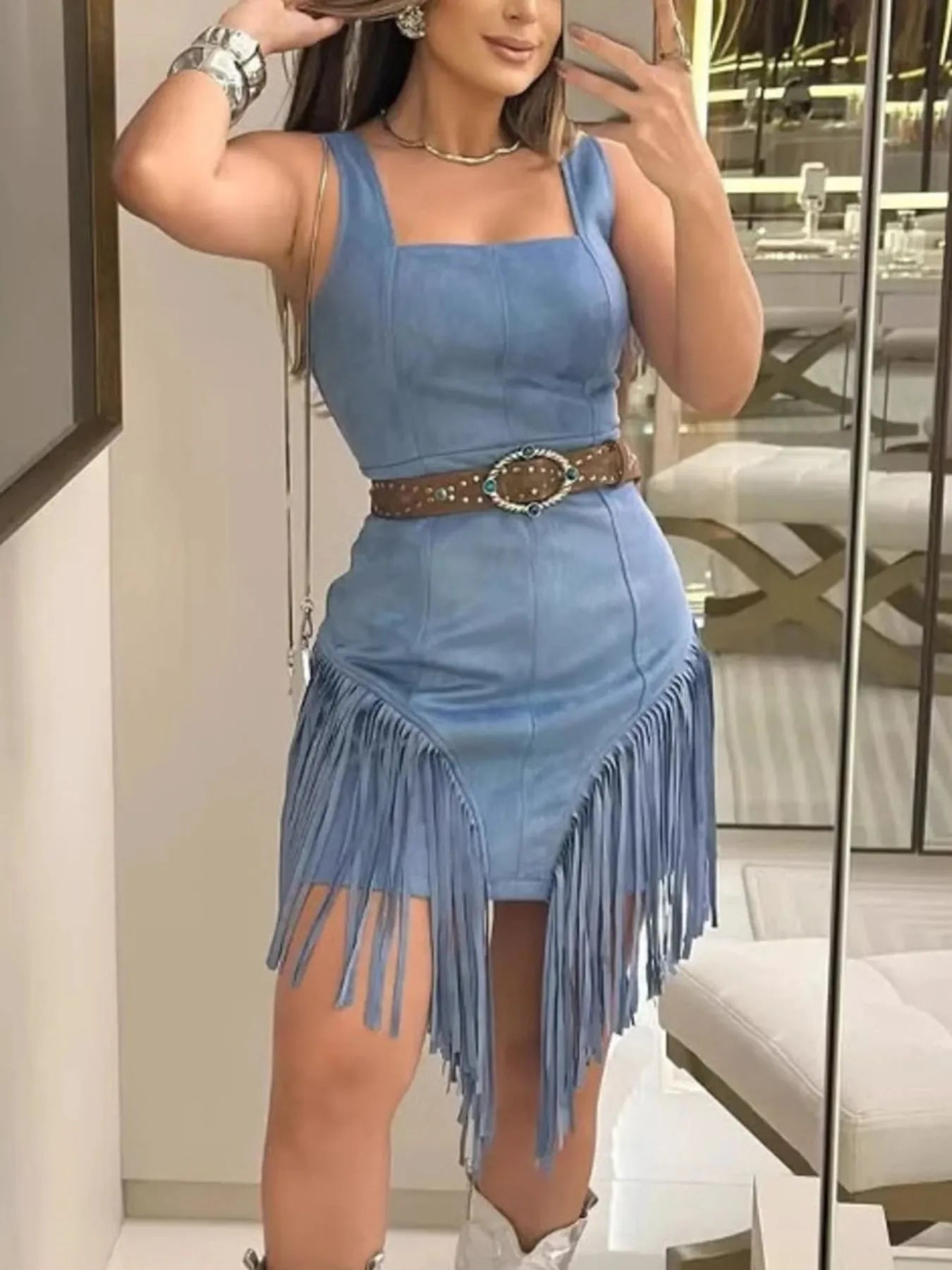 Fringe Square Neck Bodycon Mini Dress - Cowgirltops.com