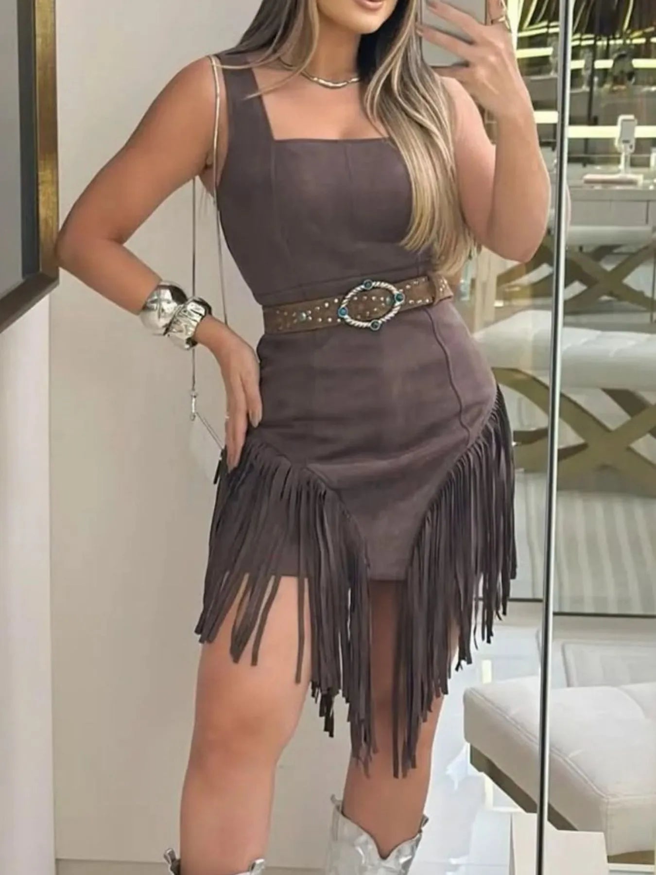 Fringe Square Neck Bodycon Mini Dress - Cowgirltops.com