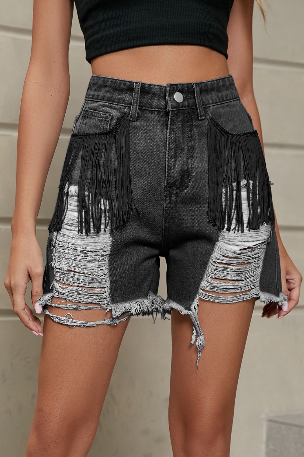 Fringe Trim Distressed Denim Shorts with Pockets - Cowgirltops.com