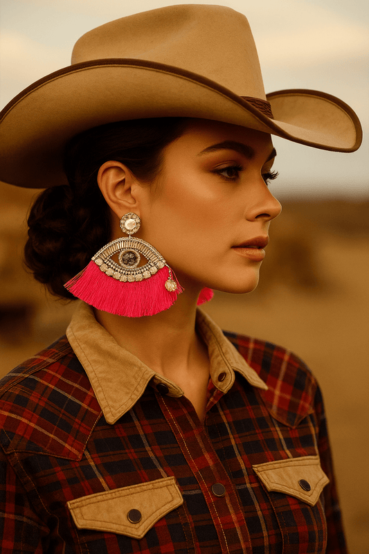 Fuchsia Tassel Rhinestone Eye Earrings - Cowgirltops.com