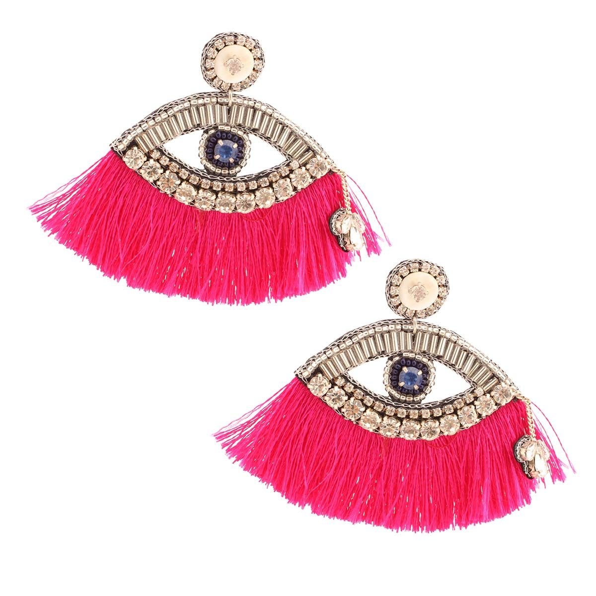 Fuchsia Tassel Rhinestone Eye Earrings - Cowgirltops.com