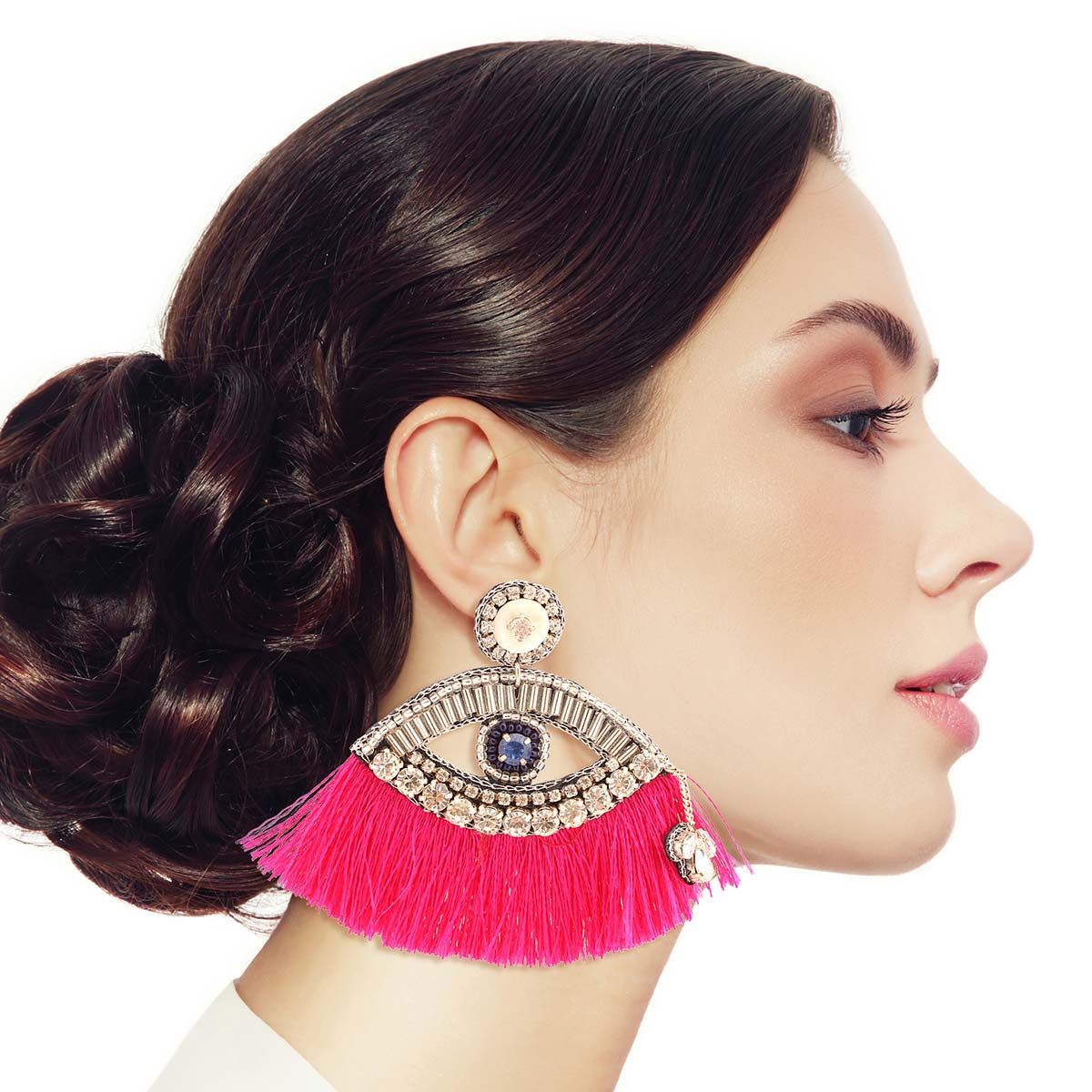 Fuchsia Tassel Rhinestone Eye Earrings - Cowgirltops.com