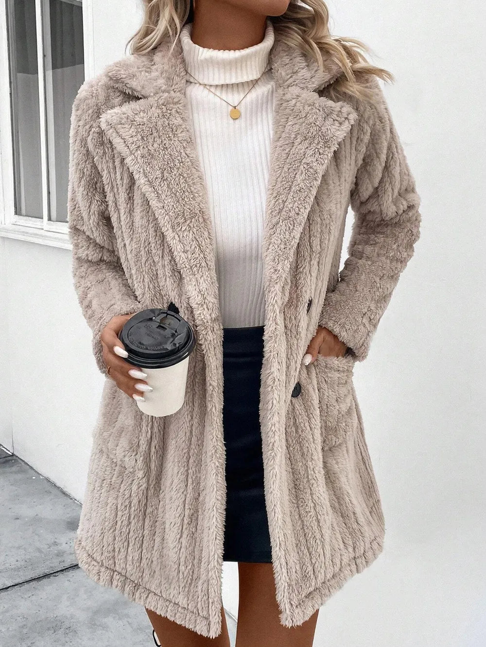 Fuzzy Button Up Long Sleeve Coat with Pockets - Cowgirltops.com