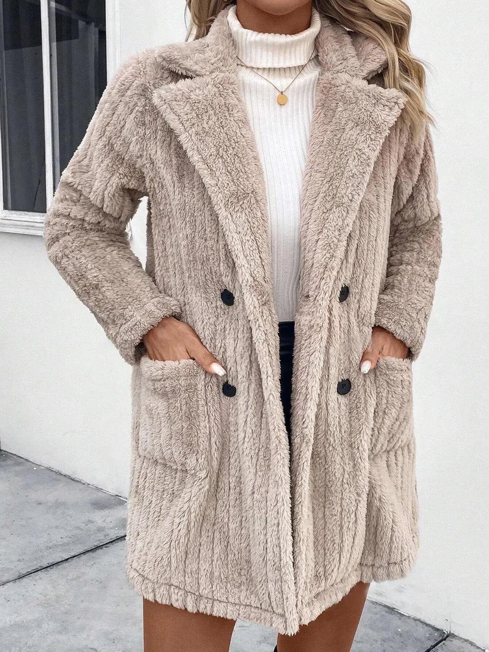 Fuzzy Button Up Long Sleeve Coat with Pockets - Cowgirltops.com