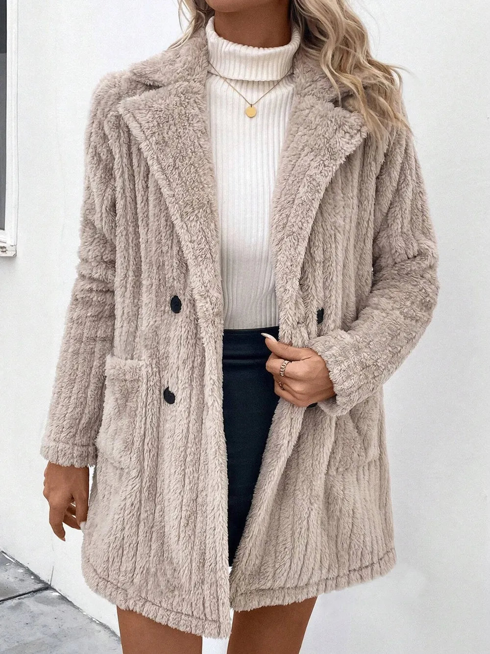 Fuzzy Button Up Long Sleeve Coat with Pockets - Cowgirltops.com