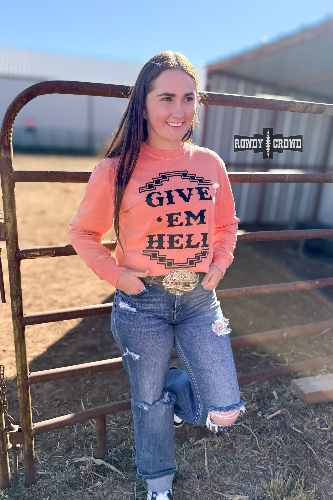 Give 'Em Hell Long Sleeve Tee - Cowgirltops.com