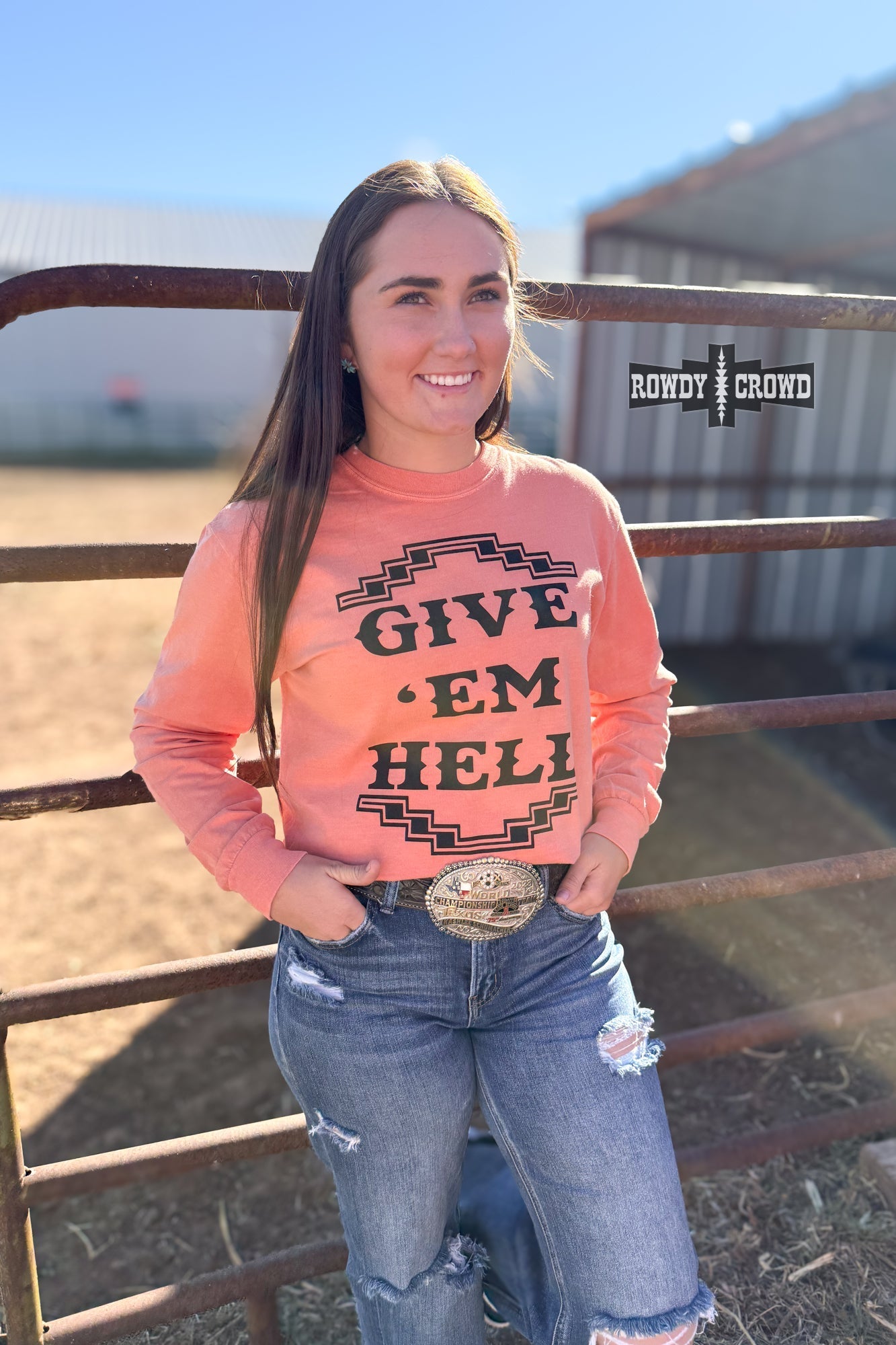 Give 'Em Hell Long Sleeve Tee - Cowgirltops.com