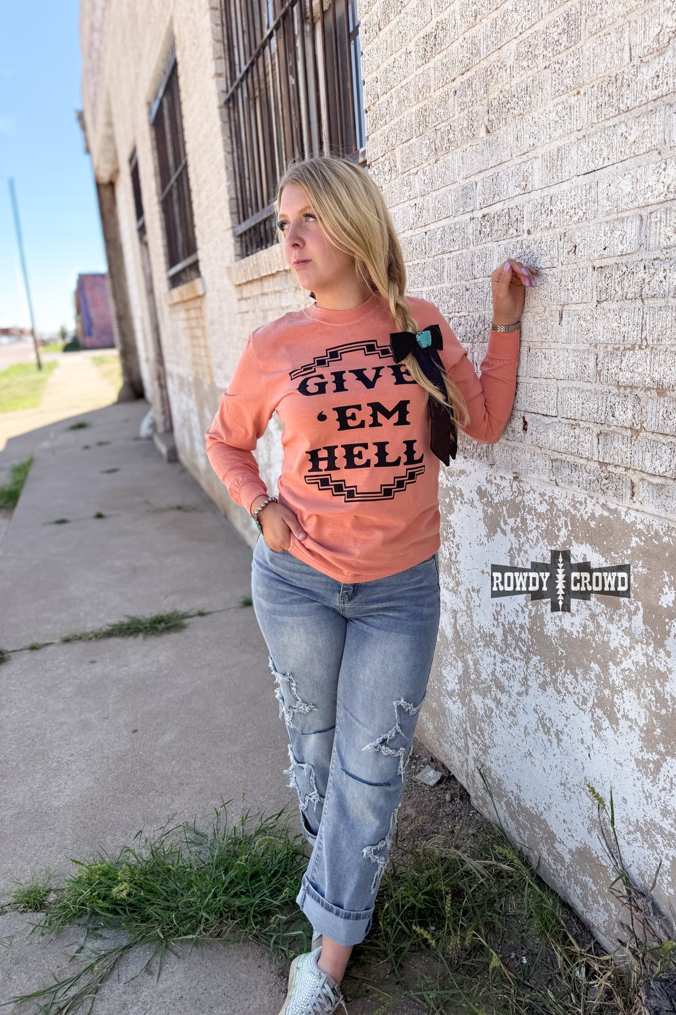 Give 'Em Hell Long Sleeve Tee - Cowgirltops.com