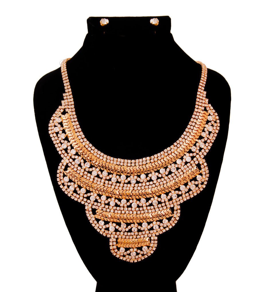 Gold and Rhinestone Layered Bib Necklace Set - Cowgirltops.com
