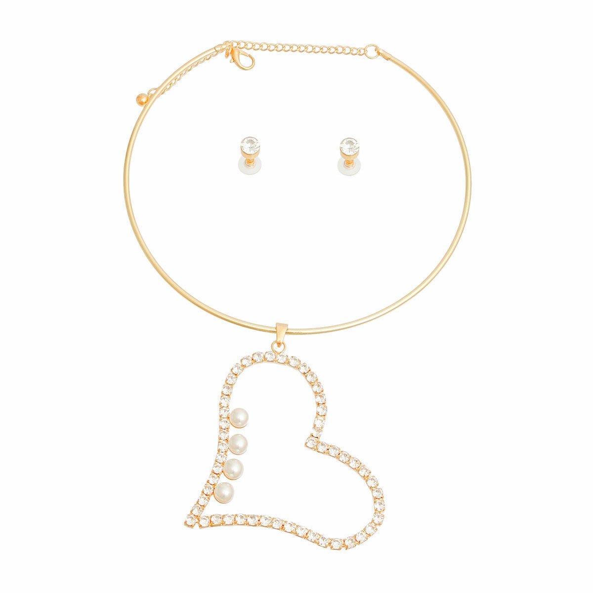 Gold Pearl Rhinestone Heart Choker Set - Cowgirltops.com