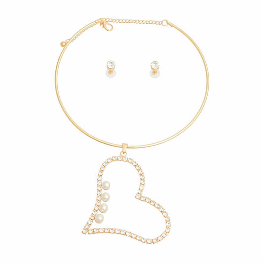 Gold Pearl Rhinestone Heart Choker Set - Cowgirltops.com