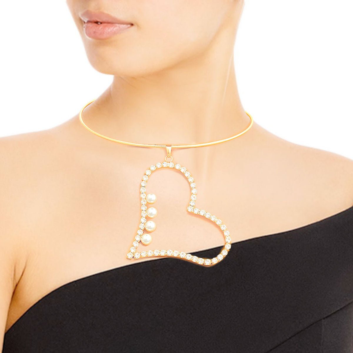 Gold Pearl Rhinestone Heart Choker Set - Cowgirltops.com