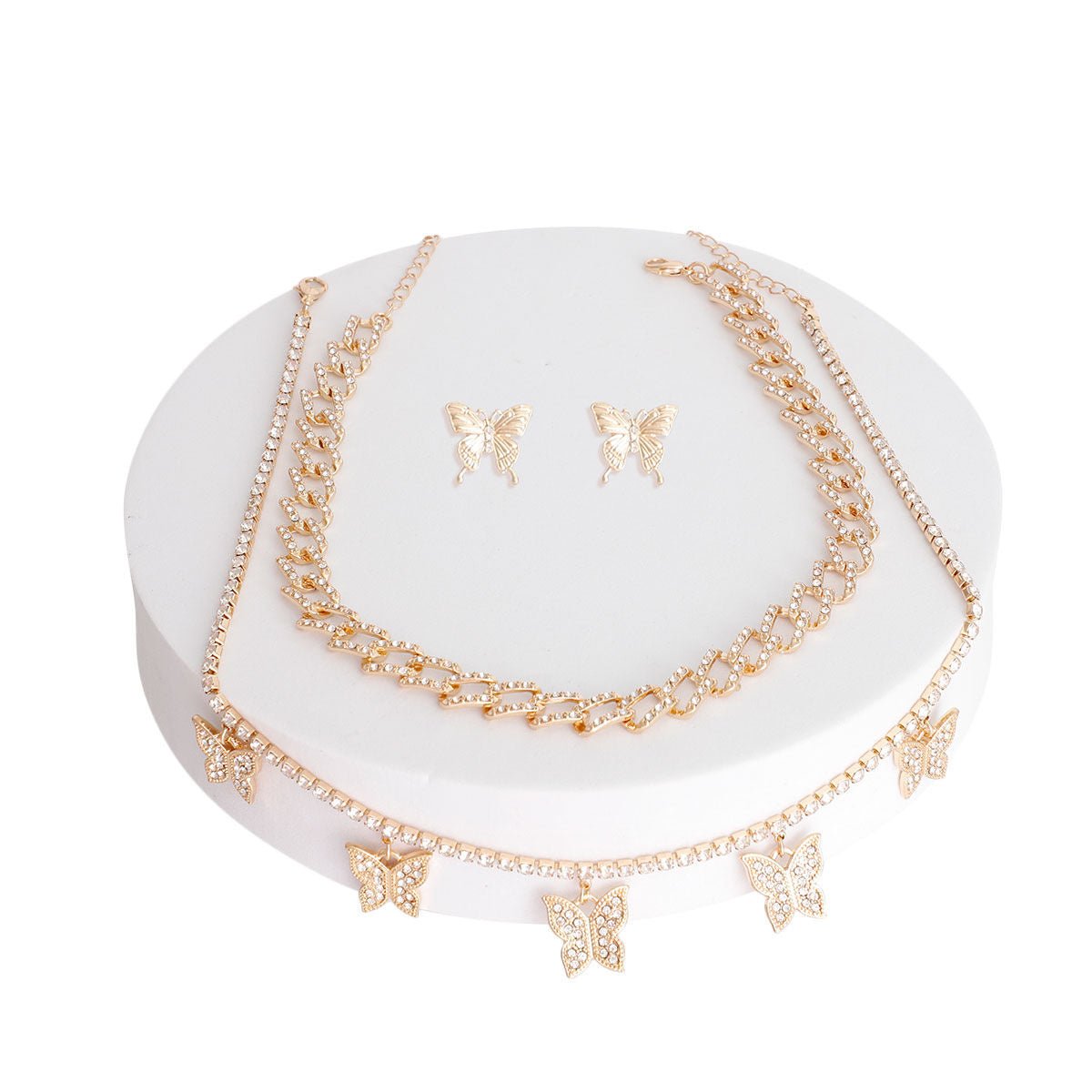 Gold Rhinestone Butterfly Charm Chain 2Pc Set - Cowgirltops.com