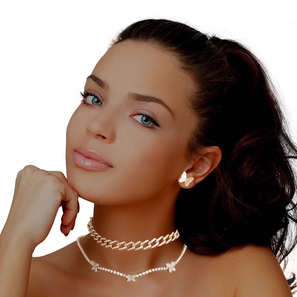 Gold Rhinestone Butterfly Station 2Pc Set - Cowgirltops.com