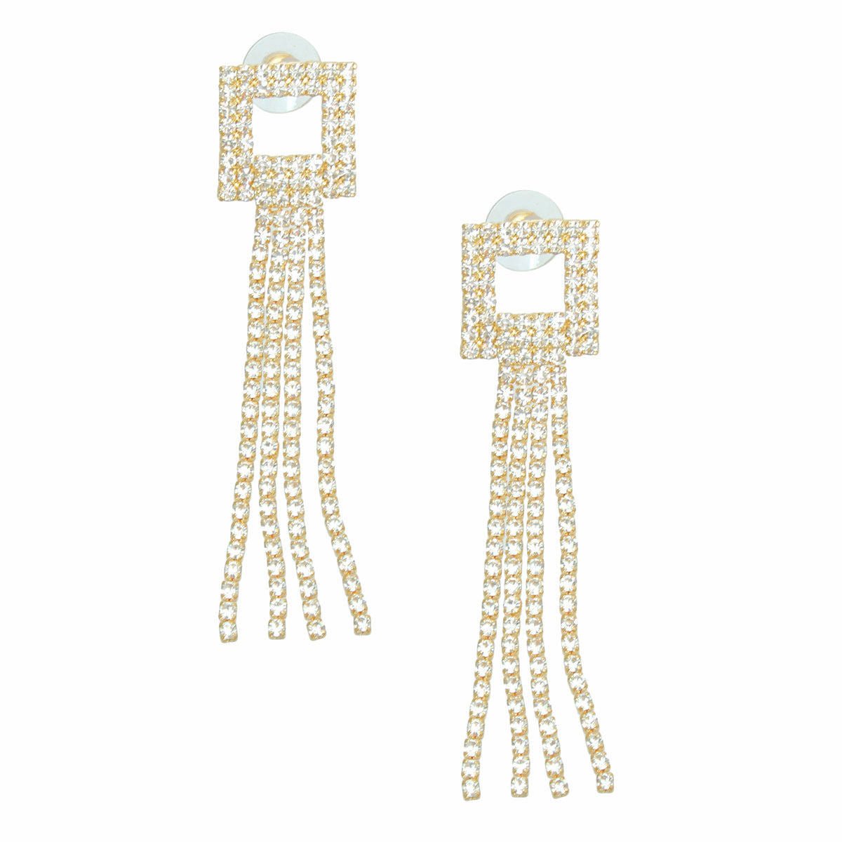 Gold Square Rhinestone Fringe Earrings - Cowgirltops.com