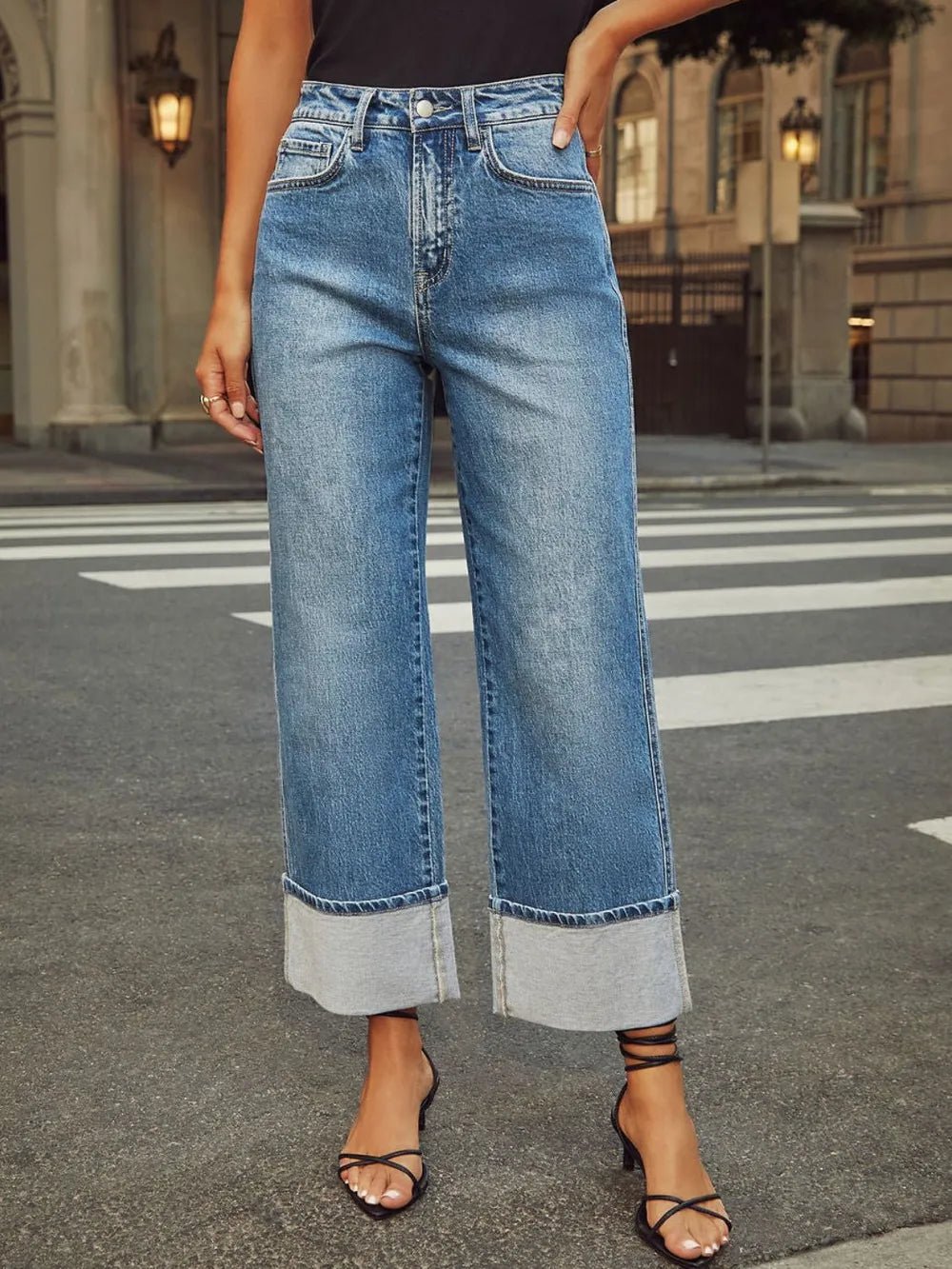 High Waisted Straight Leg Rolled Jeans - Cowgirltops.com