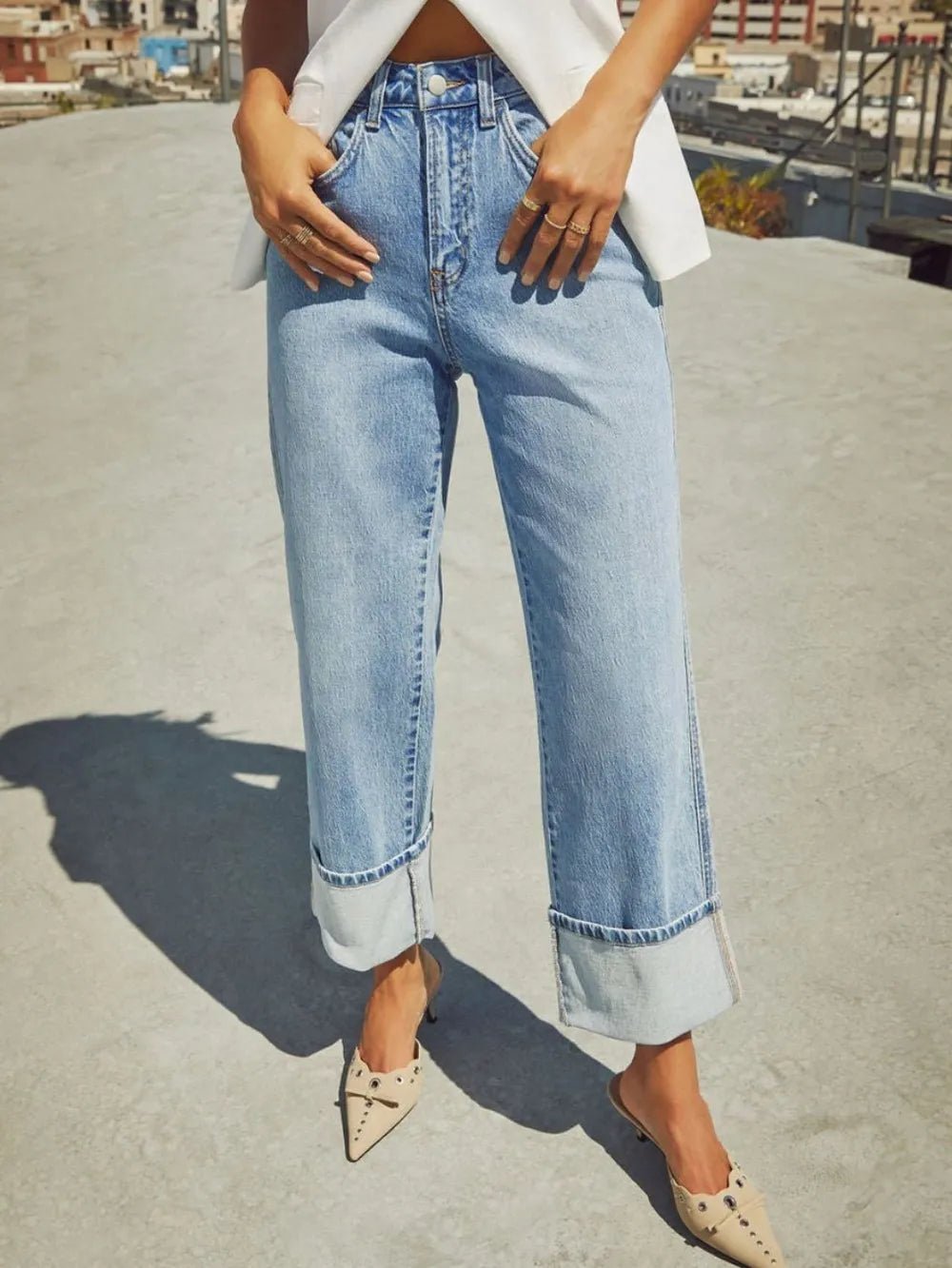 High Waisted Straight Leg Rolled Jeans - Cowgirltops.com