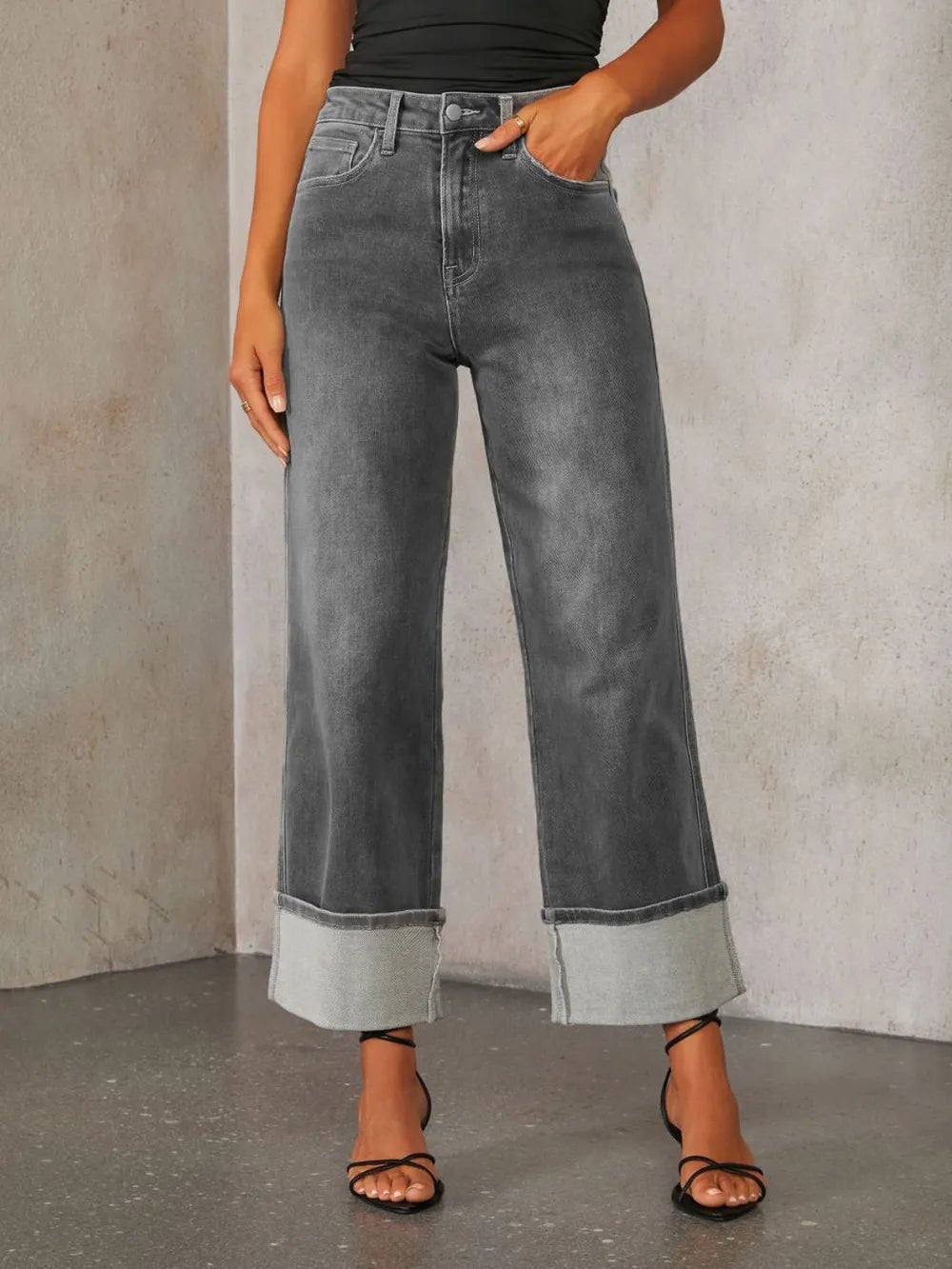 High Waisted Straight Leg Rolled Jeans - Cowgirltops.com