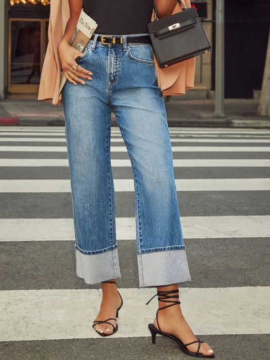 High Waisted Straight Leg Rolled Jeans - Cowgirltops.com