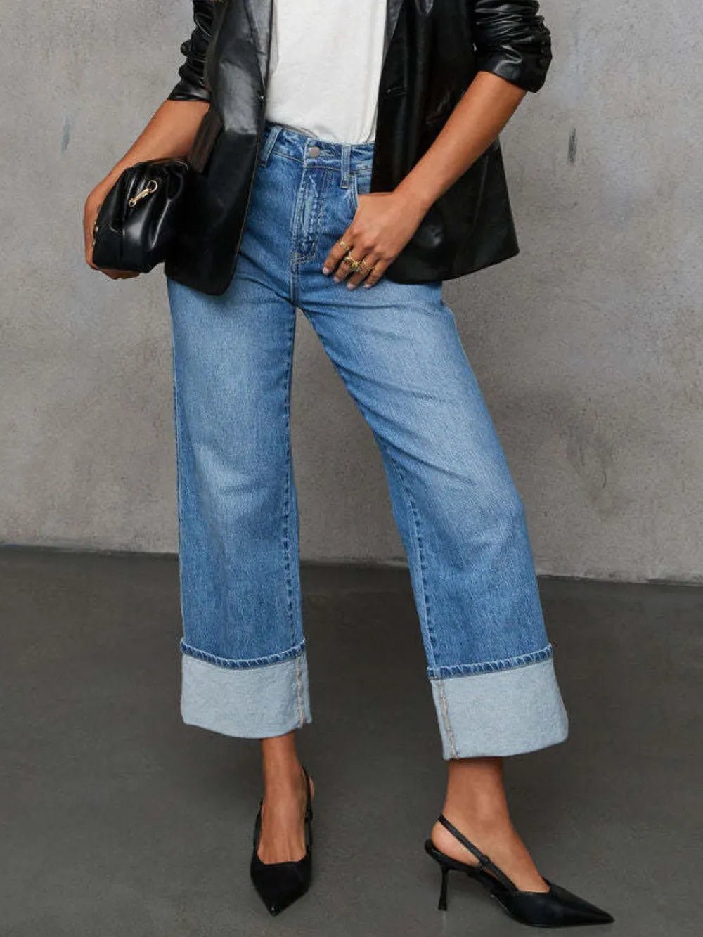 High Waisted Straight Leg Rolled Jeans - Cowgirltops.com