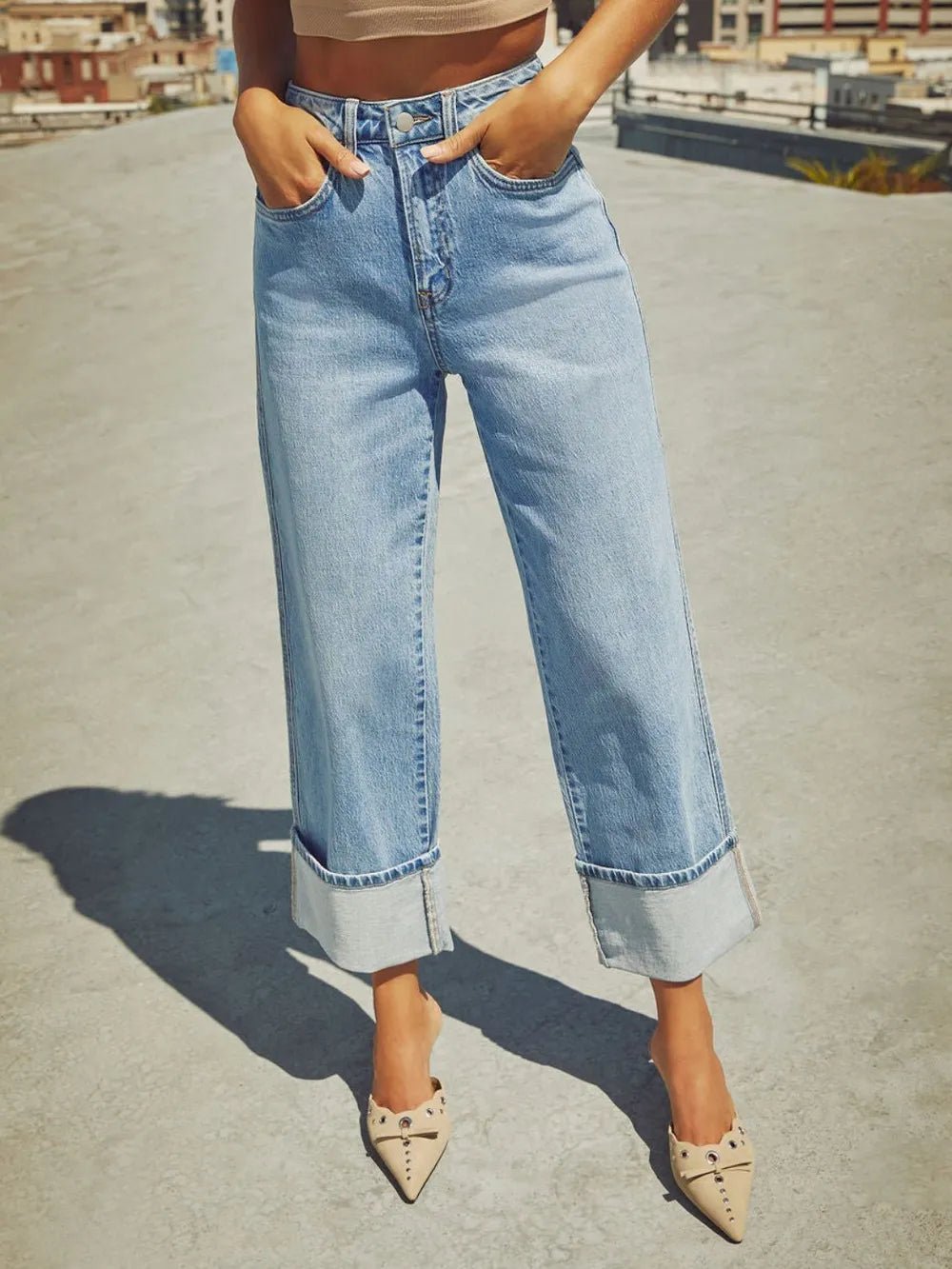 High Waisted Straight Leg Rolled Jeans - Cowgirltops.com