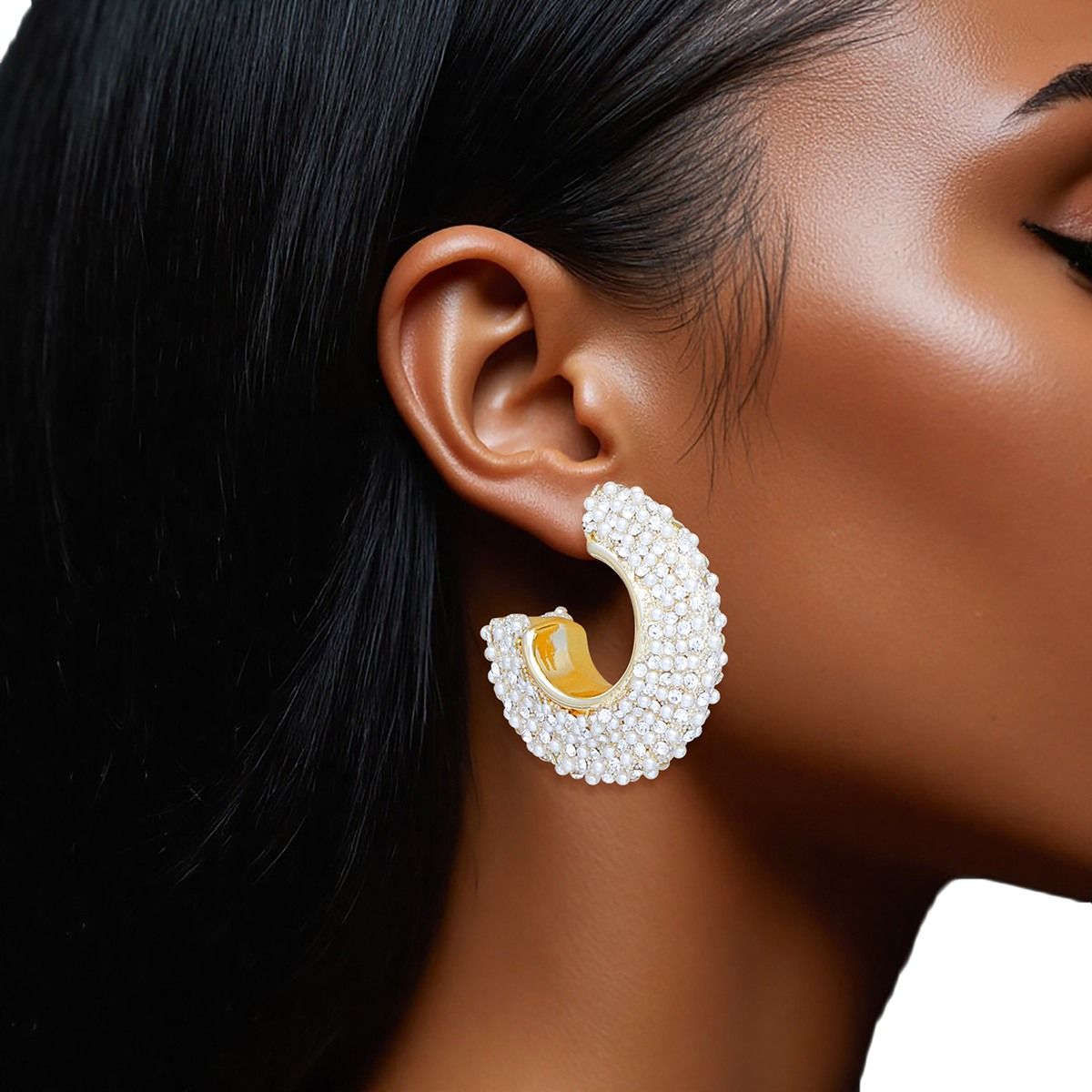 Hoop Pearl Pave Rhinestone Embellished Earrings - Cowgirltops.com