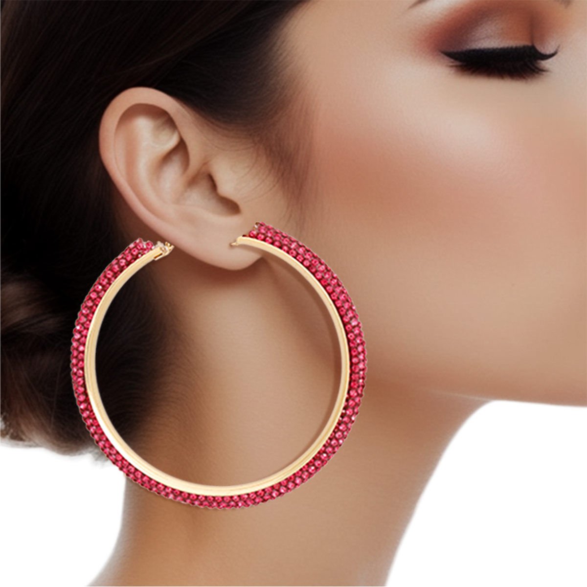 Hoop Pink Tube Rhinestone 3" Earrings for Women - Cowgirltops.com