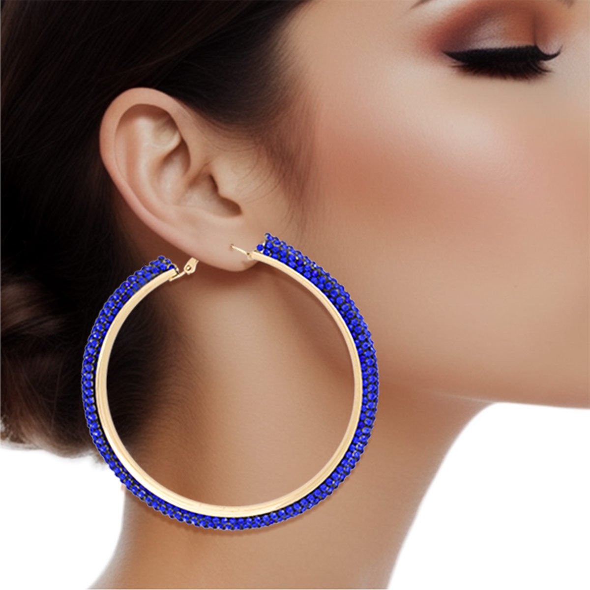 Hoop Royal Blue Tube Rhinestone 3" Earrings Women - Cowgirltops.com