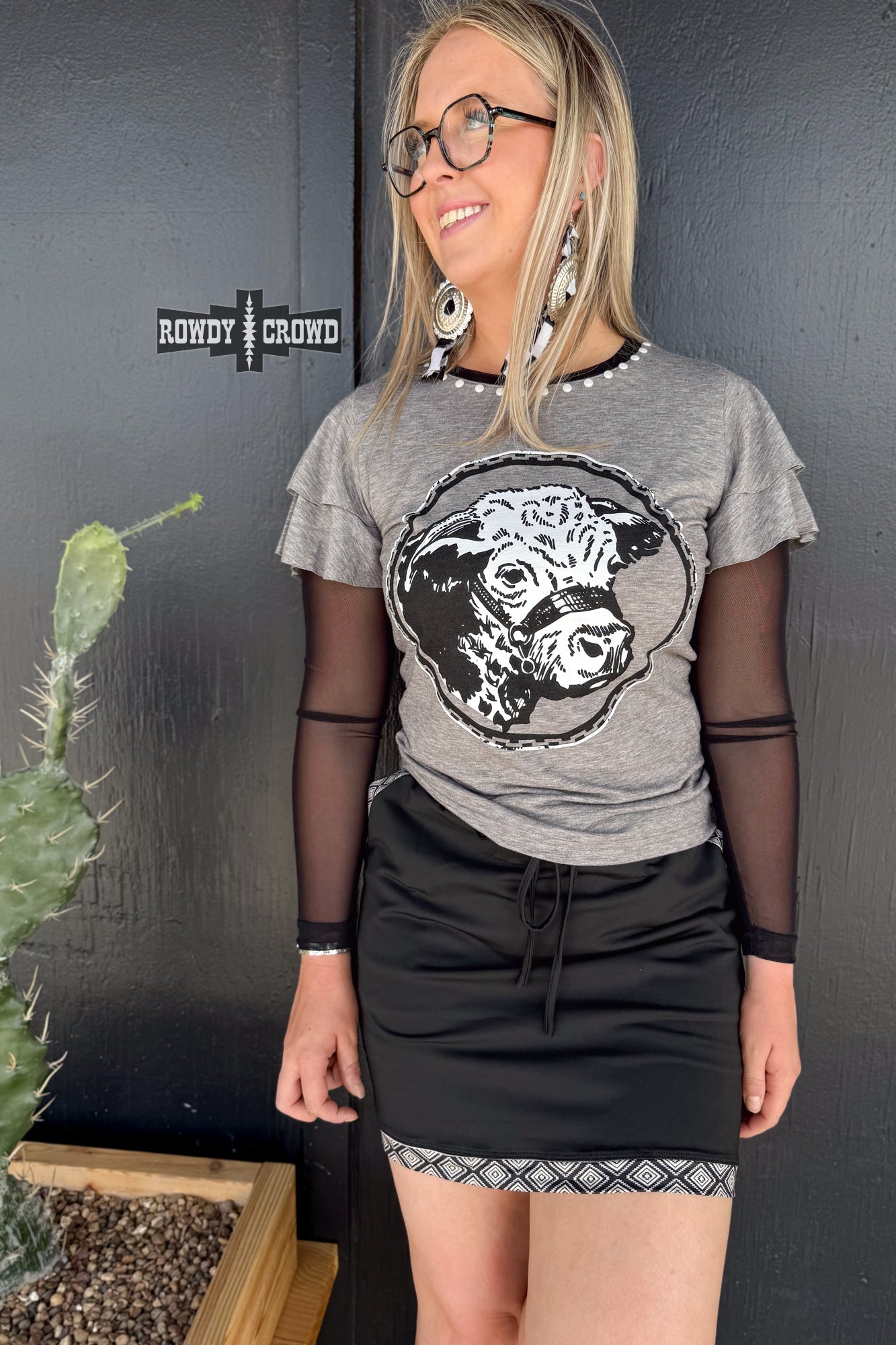 Howdy Hereford Mesh Sleeve Top - Cowgirltops.com