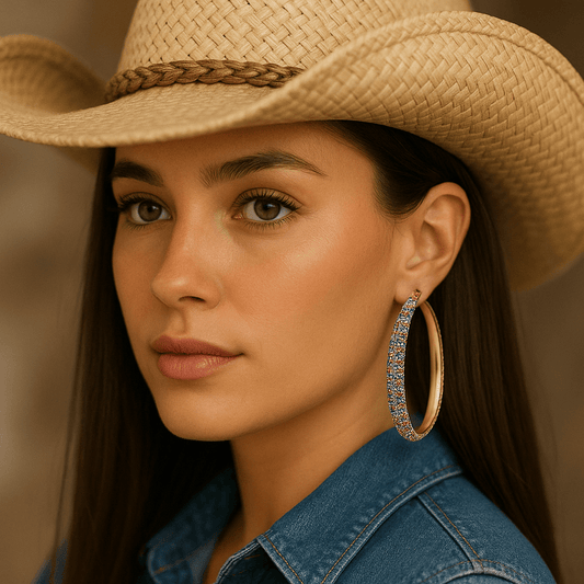 Multi Color Rhinestone Lines Gold Hoops - Cowgirltops.com