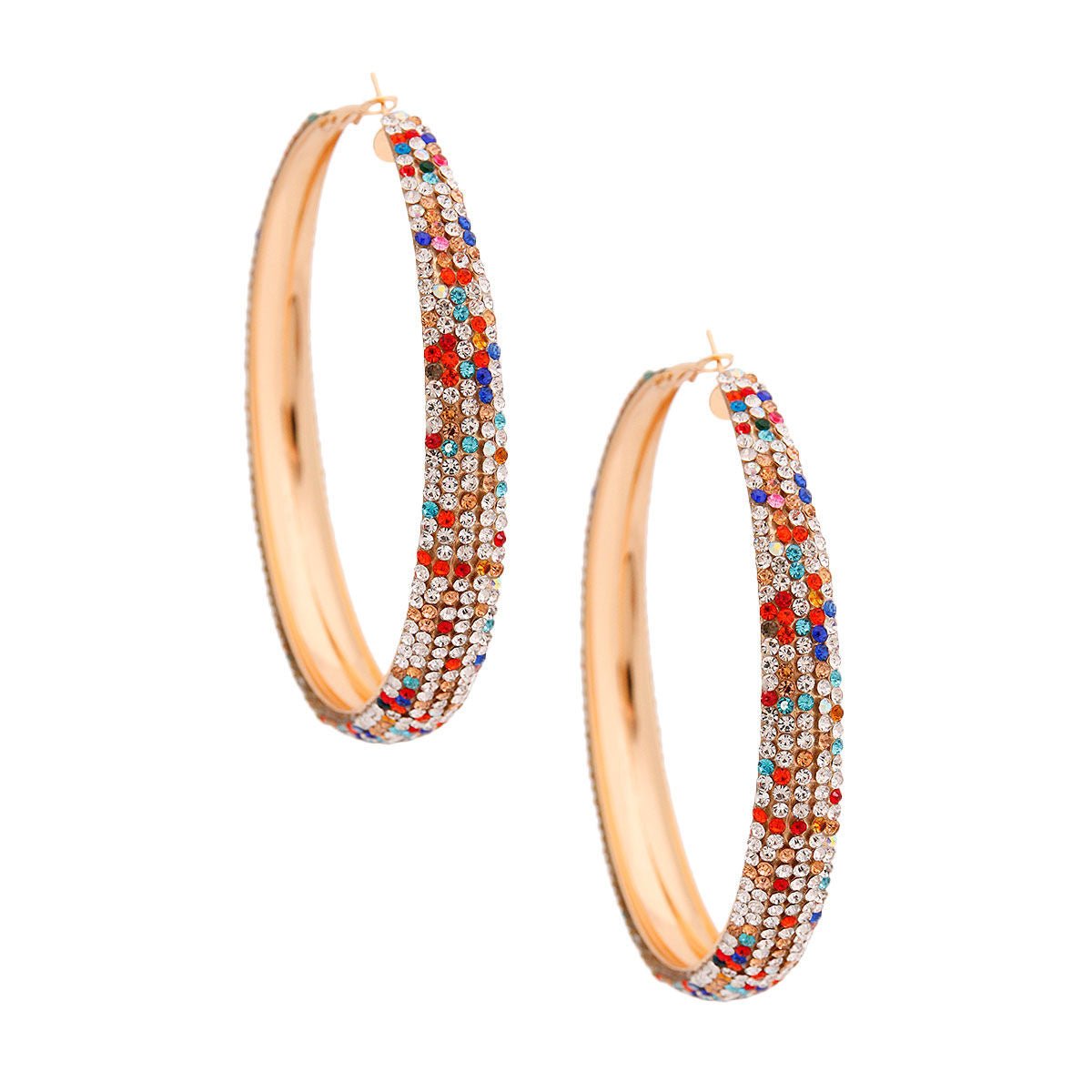Multi Color Rhinestone Lines Gold Hoops - Cowgirltops.com