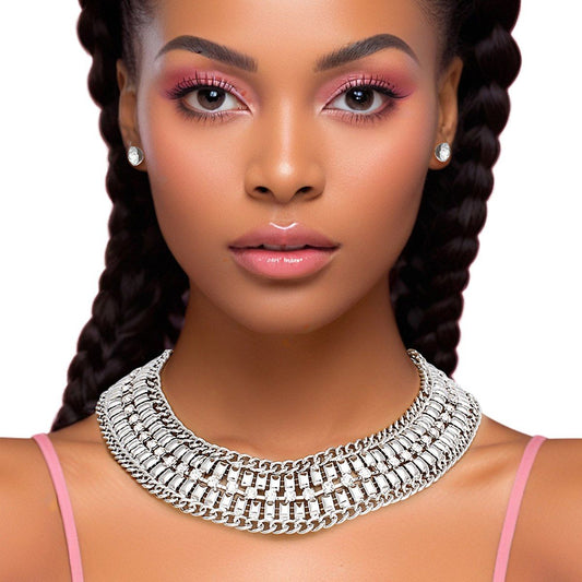 Necklace Silver Multi Link Rhinestone Collar Women - Cowgirltops.com