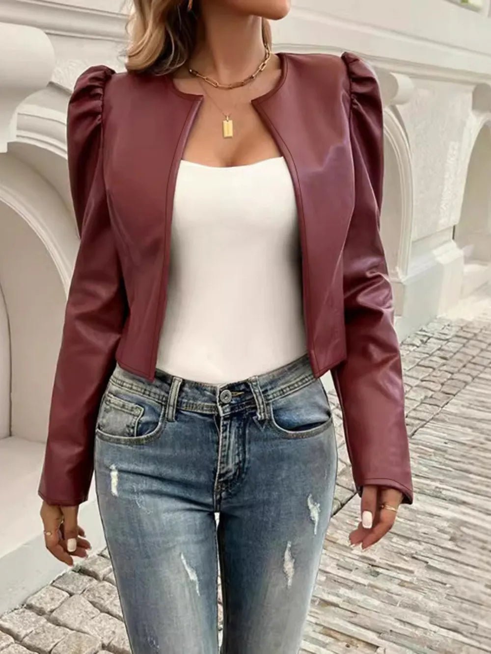 PU Leather Open Front Puff Sleeve Jacket - Cowgirltops.com