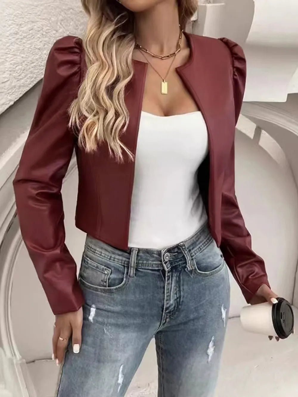 PU Leather Open Front Puff Sleeve Jacket - Cowgirltops.com