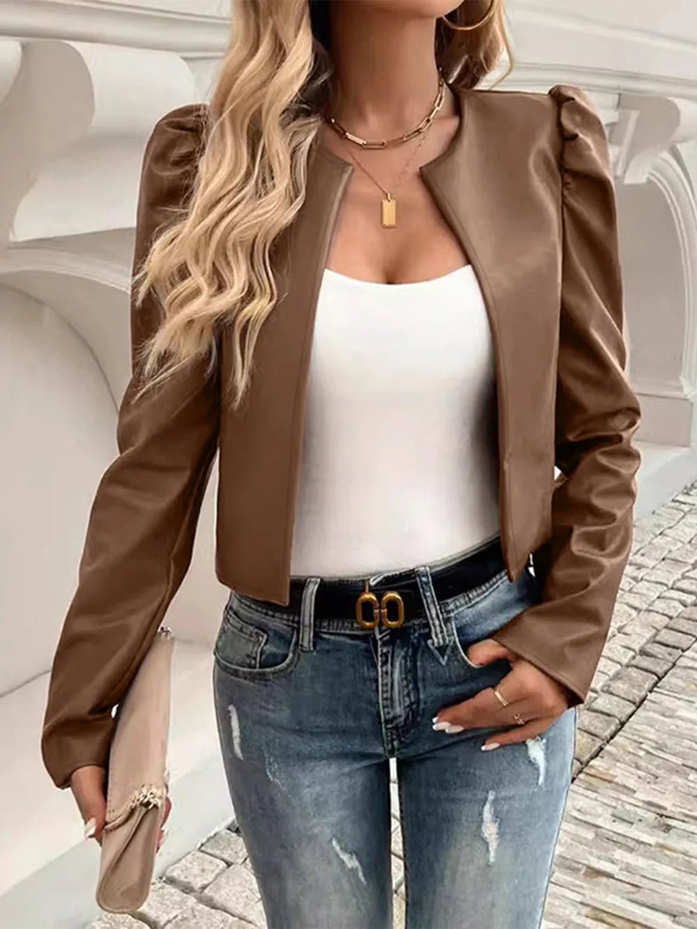 PU Leather Open Front Puff Sleeve Jacket - Cowgirltops.com
