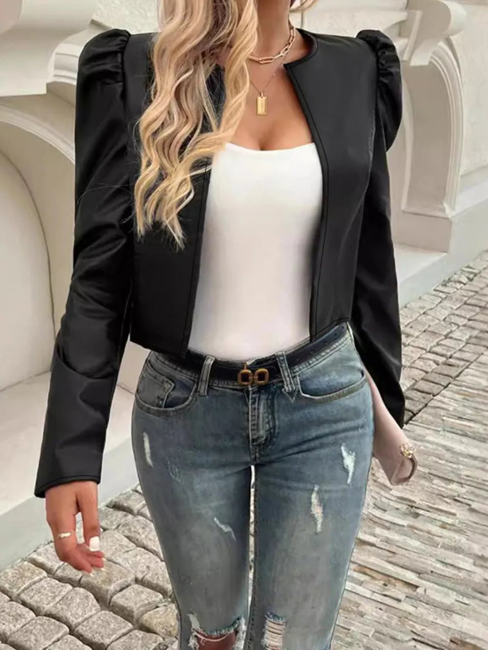 PU Leather Open Front Puff Sleeve Jacket - Cowgirltops.com