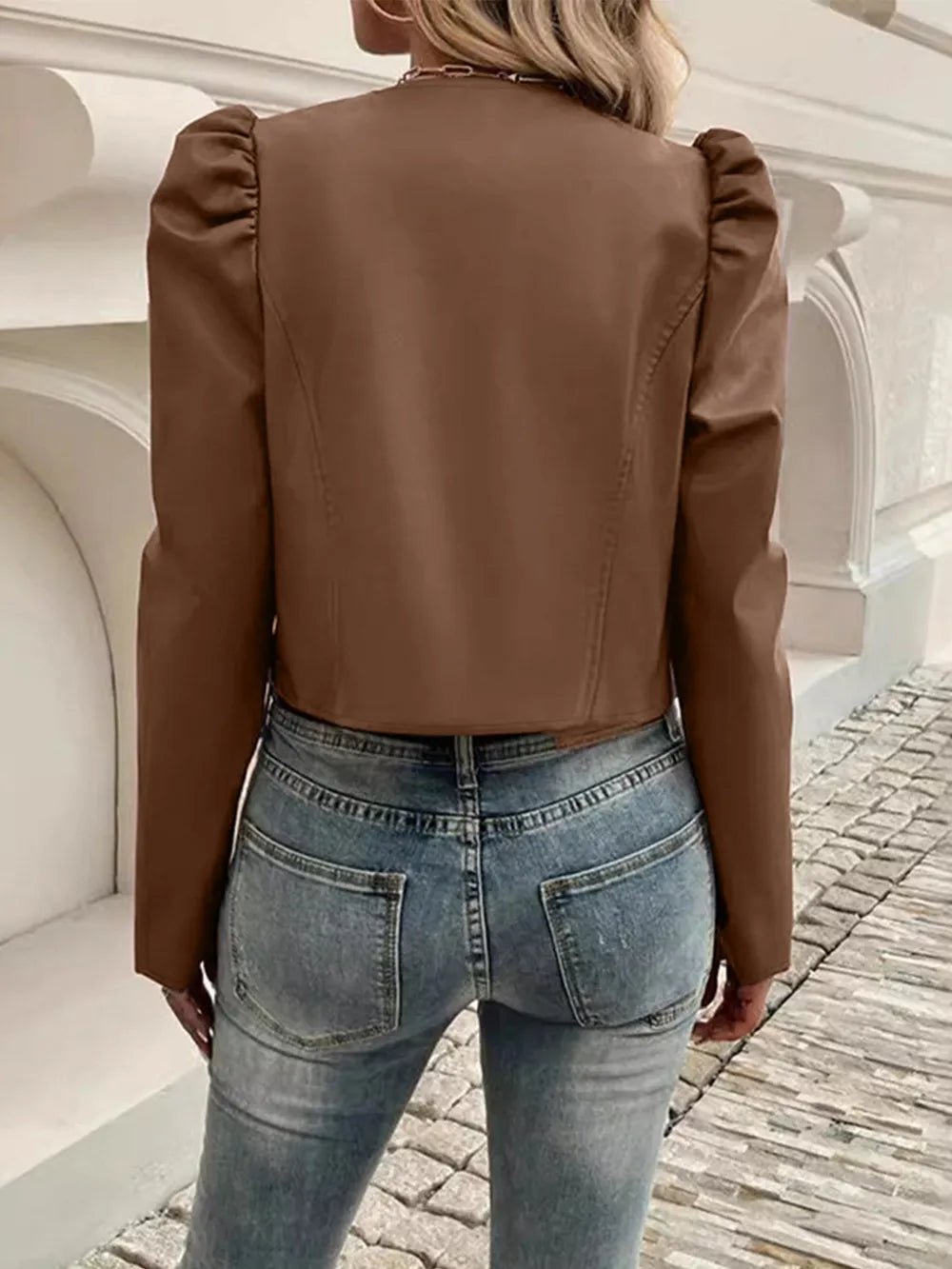 PU Leather Open Front Puff Sleeve Jacket - Cowgirltops.com