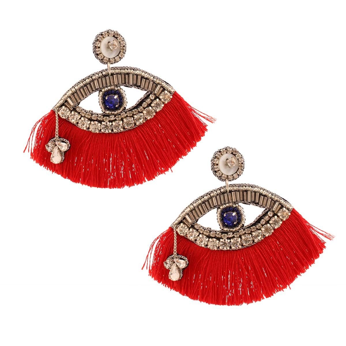 Red Tassel Rhinestone Eye Earrings - Cowgirltops.com