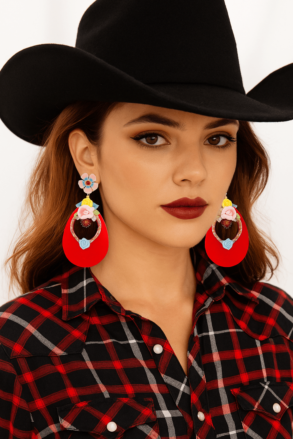 Red Teardrop Earrings - Rhinestone & Flower - Cowgirltops.com