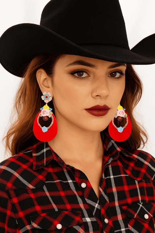 Red Teardrop Earrings - Rhinestone & Flower - Cowgirltops.com
