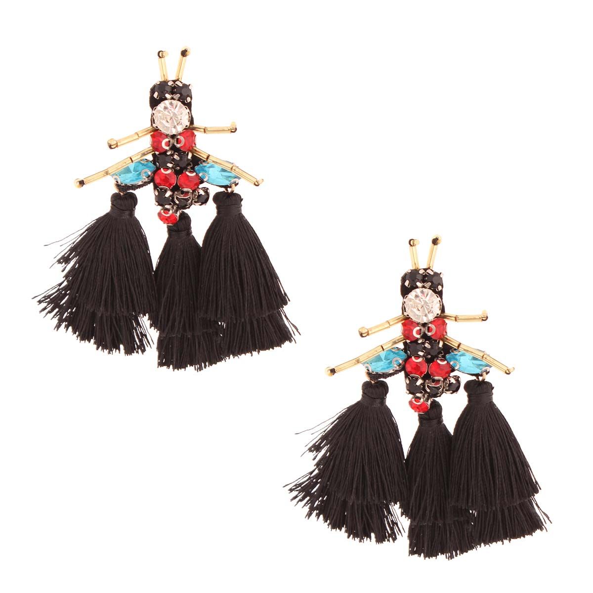Rhinestone and Tassel Black Bee Earrings - Cowgirltops.com