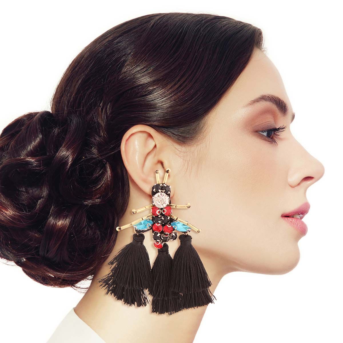 Rhinestone and Tassel Black Bee Earrings - Cowgirltops.com