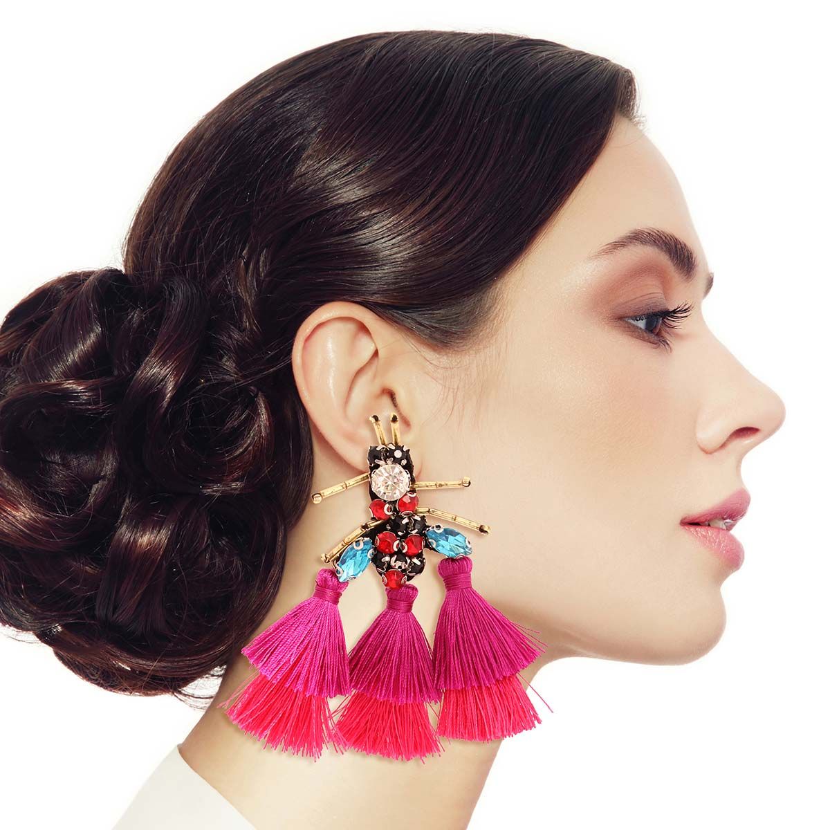 Rhinestone and Tassel Fuchsia Bee Earrings - Cowgirltops.com