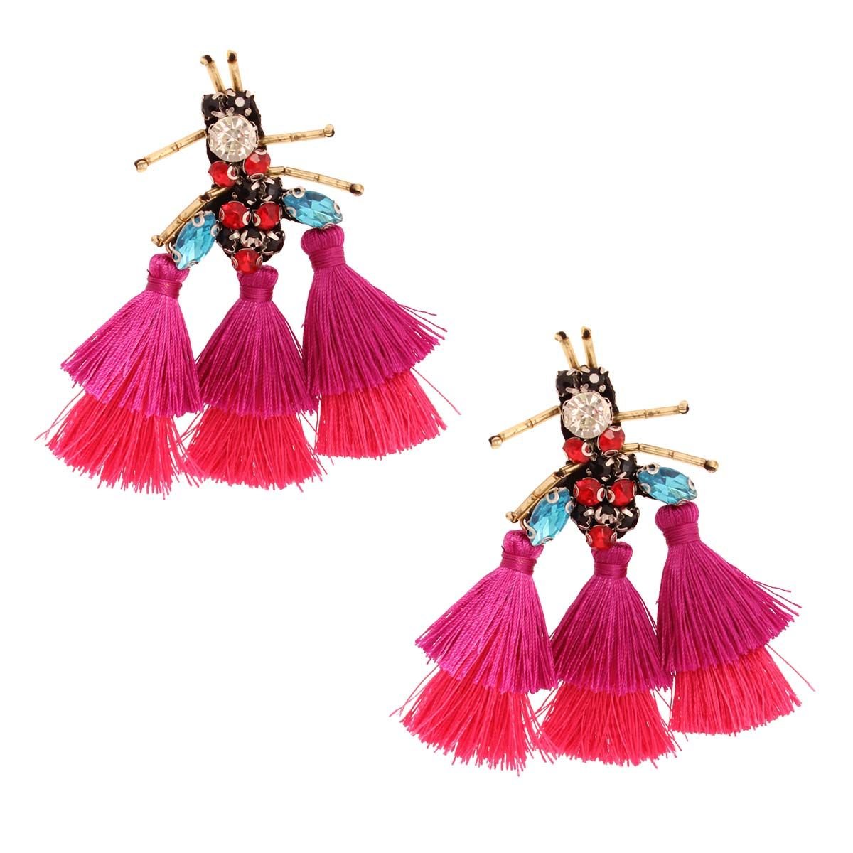 Rhinestone and Tassel Fuchsia Bee Earrings - Cowgirltops.com